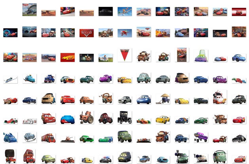 May include: A collection of images featuring characters and scenes from the animated film "Cars." The images showcase various vehicles, including race cars, lorries, and other automobiles, in different settings and poses. The images are colourful and vibrant.