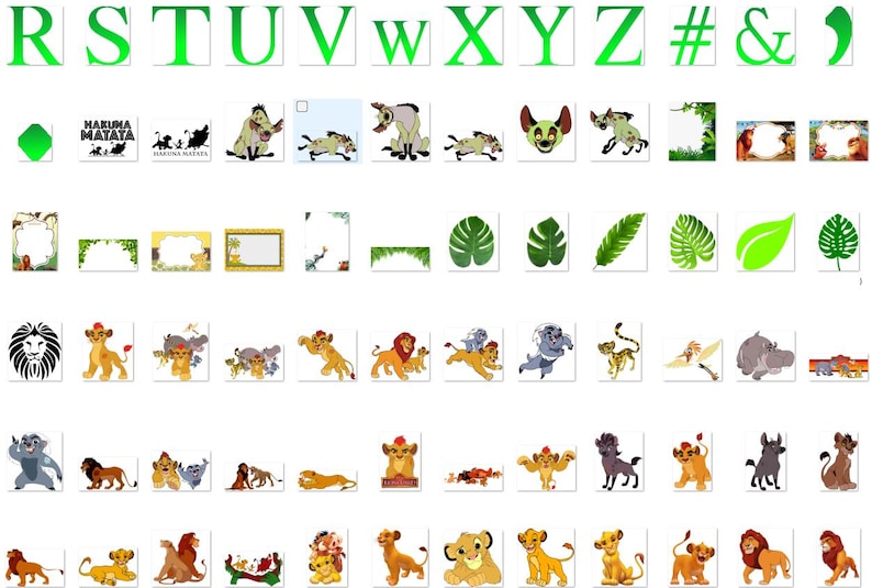 May include: A set of digital clipart images featuring characters from the animated film The Lion King. The images include lions, hyenas, and other animals from the film. The images are in a cartoon style and are perfect for use in digital projects.