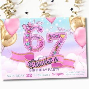 May include: A birthday party invitation with a pastel color scheme. The invitation features the number 67 in pink with decorative elements, the name "Olivia's" in cursive, and the text "Birthday Party". Pink and gold balloons are in the background.