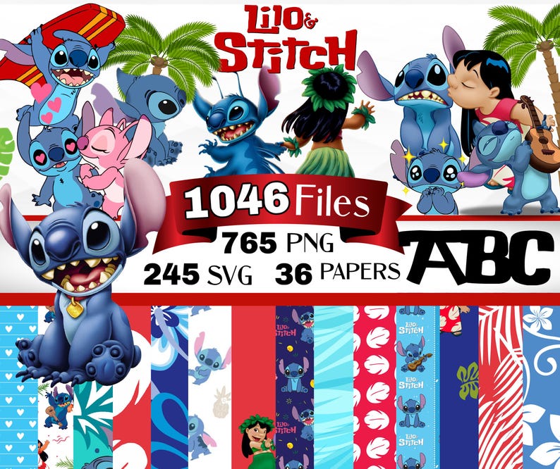 May include: A digital clipart set featuring Lilo & Stitch characters. The set includes 1046 files, 765 PNG, 245 SVG, and 36 papers. The characters are depicted in various poses and expressions, including Stitch holding a surfboard, Lilo and Stitch hugging, and Stitch wearing a lei. The set also includes various patterns and designs featuring Stitch and Lilo.