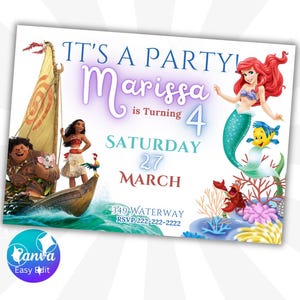 Geschwister-Geburtstagseinladung, bearbeitbare Moana Little Mermaid Party-Einladung, doppeltes Thema Zwilling einladen, Prinzessin Einladung, um Text zu drucken