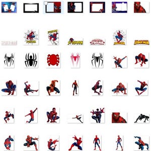 May include: A collection of red and blue Spiderman themed images. The images include Spiderman in various poses, the Spiderman logo, and web designs.