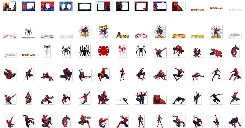 May include: A collection of red and blue Spiderman themed images. The images include Spiderman in various poses, the Spiderman logo, and web designs.