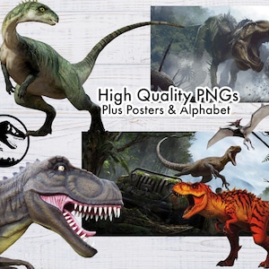 May include: A collection of dinosaur-themed digital art images. The images include various dinosaurs in different poses and settings, with a logo and text that reads "High Quality PNGs Plus Posters & Alphabet". The dinosaurs are in shades of green, brown, and orange.
