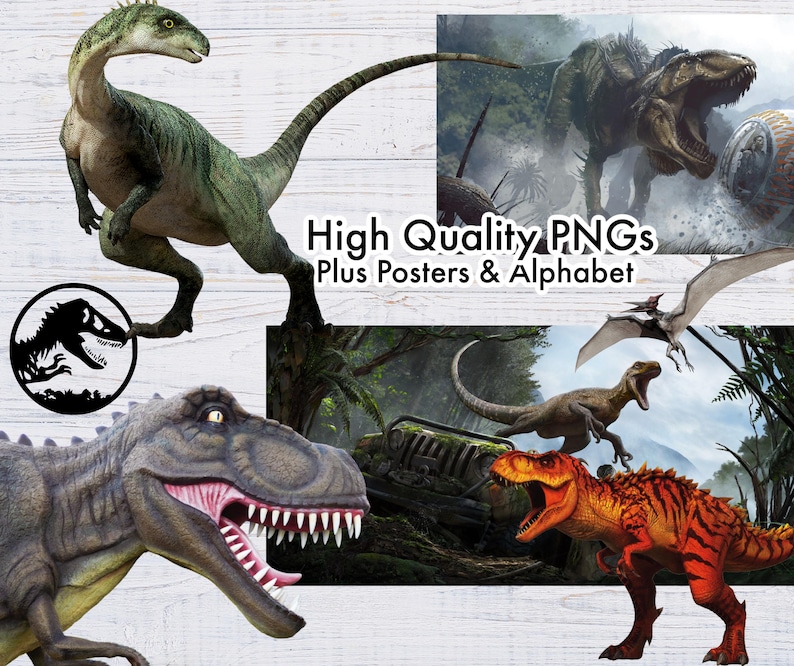 May include: A collection of dinosaur-themed digital art images. The images include various dinosaurs in different poses and settings, with a logo and text that reads "High Quality PNGs Plus Posters & Alphabet". The dinosaurs are in shades of green, brown, and orange.