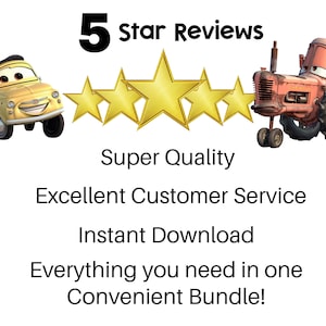 May include: Image featuring cartoon vehicles, including a yellow car and a red tractor, with five gold stars and text that reads "5 Star Reviews", "Super Quality", "Excellent Customer Service", "Instant Download", and "Everything you need in one Convenient Bundle!"