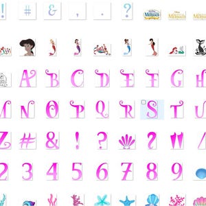 May include: A set of pink and purple alphabet letters, numbers, and symbols with a mermaid theme. The letters and numbers have a decorative swirl design. There are also images of mermaids, seashells, and starfish.