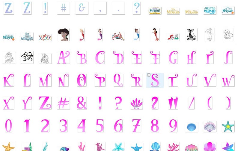 May include: A set of pink and purple alphabet letters, numbers, and symbols with a mermaid theme. The letters and numbers have a decorative swirl design. There are also images of mermaids, seashells, and starfish.