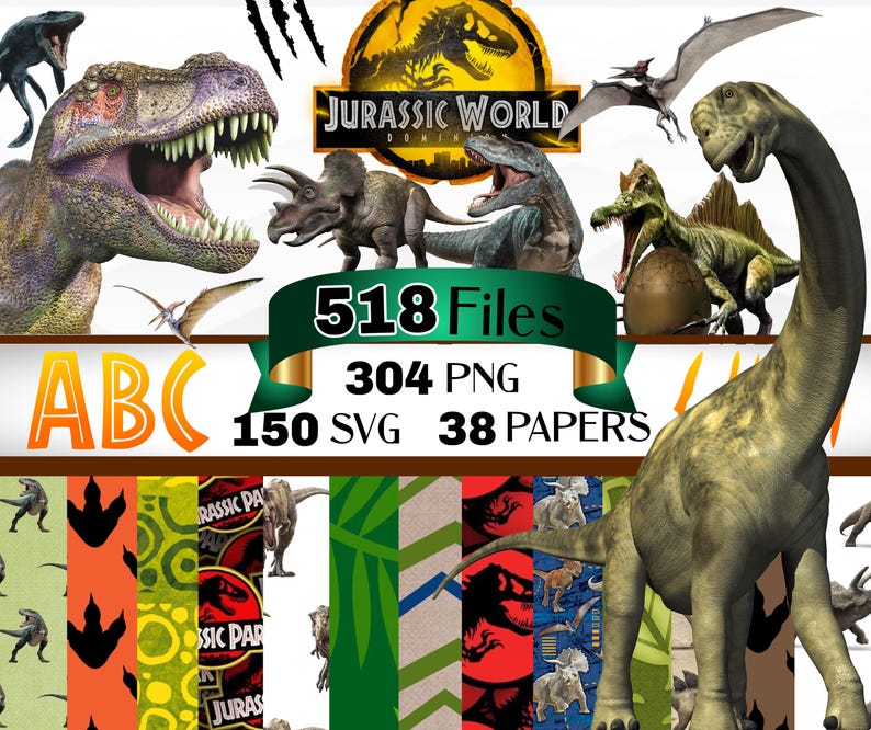 May include: A digital art collection featuring various dinosaur illustrations, including a Tyrannosaurus Rex, Triceratops, and Brachiosaurus. The image includes the text "Jurassic World" and file details: 518 Files, 304 PNG, 150 SVG, and 38 Papers.