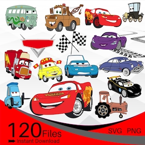 Lot de voitures SVG, lot de cliparts PNG SVG voitures, lot de svg en couches Lightning McQueen, svg Mater