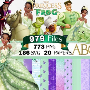 Puede incluir: Una colección digital con personajes de La Princesa y el Sapo, incluyendo a Tiana, el Príncipe Naveen y Louis. El gráfico incluye 979 archivos, 773 PNG, 186 SVG y 20 papeles con patrones verdes y morados, motivos florales y texturas brillantes.