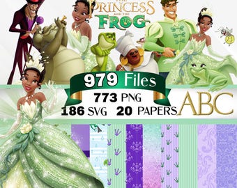 Princess and the Frog Clipart, Tiana SVG PNG Bundle, princess and the frog Digital Paper, birthday, shirts, and more