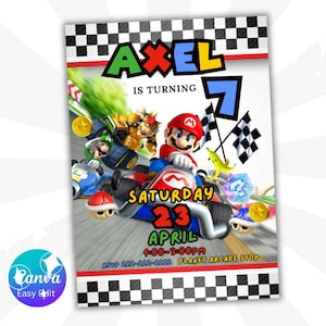 Invito di compleanno di Mario Kart, invito modificabile per la festa di Mario, invito stampabile o invito elettronico di Mario Kart