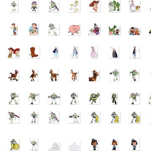 May include: A collection of small, individual stickers featuring various animated characters from the Toy Story franchise, including Buzz Lightyear, Woody, Bo Peep, Rex, and Hamm, arranged in a grid with some numbered labels from one to ten.