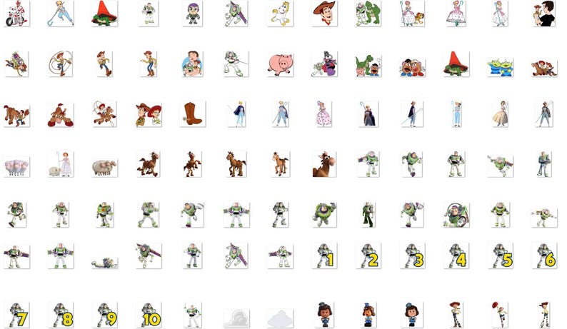 May include: A collection of small, individual stickers featuring various animated characters from the Toy Story franchise, including Buzz Lightyear, Woody, Bo Peep, Rex, and Hamm, arranged in a grid with some numbered labels from one to ten.