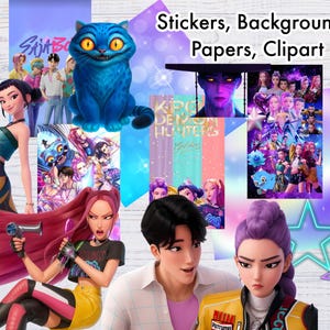 May include: A collection of digital art featuring anime-style characters and a blue cat. The image includes the text "Stickers, Backgrounds, Papers, Clipart". The artwork has a vibrant color palette with purple, blue, and pink hues.