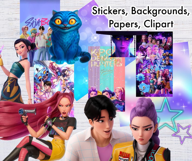 May include: A collection of digital art featuring anime-style characters and a blue cat. The image includes the text "Stickers, Backgrounds, Papers, Clipart". The artwork has a vibrant color palette with purple, blue, and pink hues.