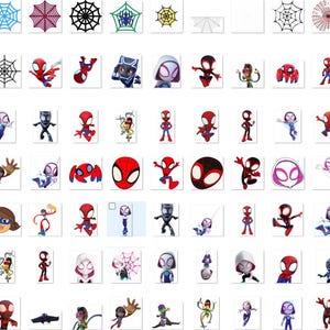 May include: A collection of various Spider-Man-themed graphics and logos. The images include the Marvel Studios logo, spider webs, and different versions of Spider-Man characters in various poses and styles. The color palette is dominated by red, black, and blue.