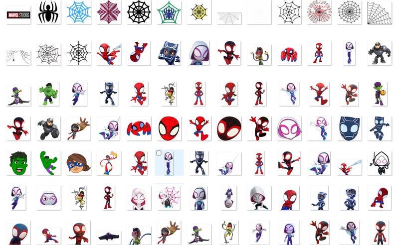 May include: A collection of various Spider-Man-themed graphics and logos. The images include the Marvel Studios logo, spider webs, and different versions of Spider-Man characters in various poses and styles. The color palette is dominated by red, black, and blue.