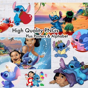 May include: A collection of high-quality PNG images featuring Stitch from Lilo & Stitch. The images include Stitch surfing, Stitch with a surfboard, Stitch with a lei, Stitch with a flower, Stitch with a drink, and Stitch with a pink alien. The text "High Quality PNGs Plus Posters & Alphabet" is also included in the image.