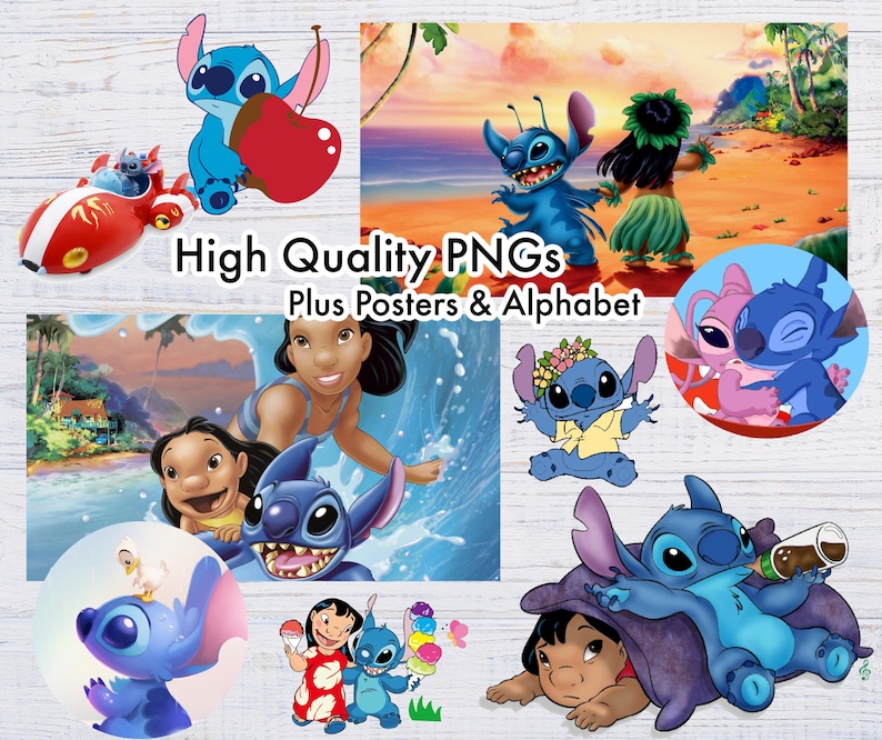 May include: A collection of high-quality PNG images featuring Stitch from Lilo & Stitch. The images include Stitch surfing, Stitch with a surfboard, Stitch with a lei, Stitch with a flower, Stitch with a drink, and Stitch with a pink alien. The text "High Quality PNGs Plus Posters & Alphabet" is also included in the image.
