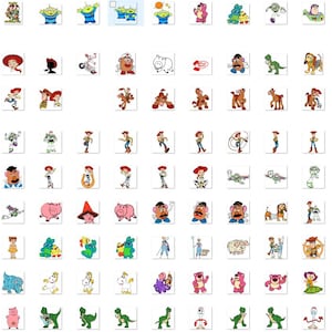 May include: A collection of digital embroidery designs featuring various characters from the Toy Story franchise, including Woody, Buzz Lightyear, Jessie, Mr. Potato Head, Rex, Slinky Dog, Hamm, and Lotso, displayed in a grid of individual icons.