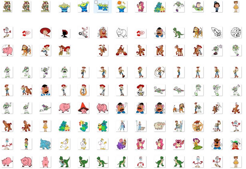May include: A collection of digital embroidery designs featuring various characters from the Toy Story franchise, including Woody, Buzz Lightyear, Jessie, Mr. Potato Head, Rex, Slinky Dog, Hamm, and Lotso, displayed in a grid of individual icons.