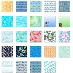 May include: A collection of 48 digital paper patterns featuring tropical themes, including floral designs, waves, and palm leaves. The patterns are in various colours, including blue, green, red, and yellow.