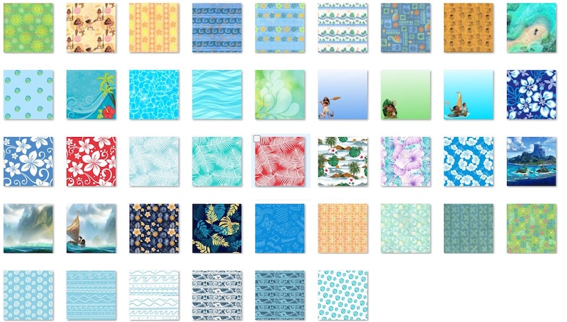 May include: A collection of 48 digital paper patterns featuring tropical themes, including floral designs, waves, and palm leaves. The patterns are in various colours, including blue, green, red, and yellow.