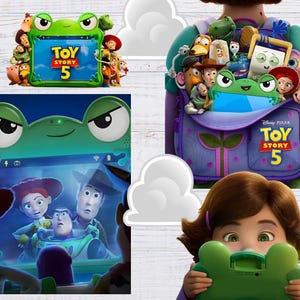 May include: A collection of Toy Story 5 promotional graphics featuring a green frog-shaped tablet case, a purple backpack filled with various animated characters, and a child holding the frog-shaped tablet displaying the Toy Story 5 logo.