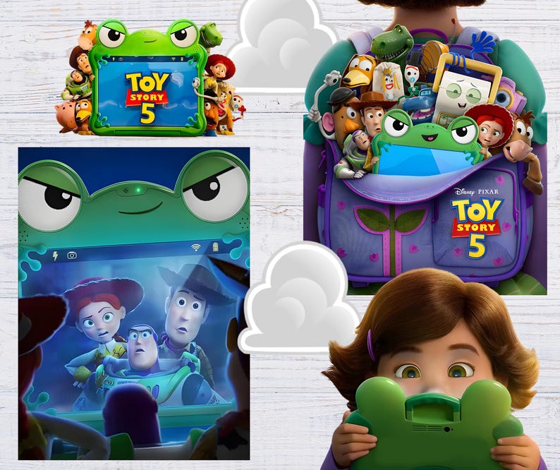 May include: A collection of Toy Story 5 promotional graphics featuring a green frog-shaped tablet case, a purple backpack filled with various animated characters, and a child holding the frog-shaped tablet displaying the Toy Story 5 logo.