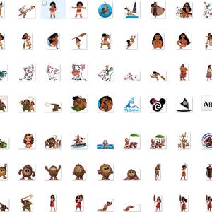 May include: A collection of colourful cartoon stickers featuring characters from the animated film Moana. The stickers include Moana, Maui, Pua the pig, Hei Hei the rooster, and other characters from the movie. The stickers are perfect for adding a touch of Disney magic to your crafts, journals, and more.