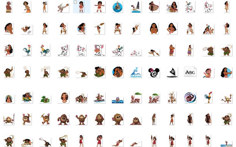 May include: A collection of colourful cartoon stickers featuring characters from the animated film Moana. The stickers include Moana, Maui, Pua the pig, Hei Hei the rooster, and other characters from the movie. The stickers are perfect for adding a touch of Disney magic to your crafts, journals, and more.