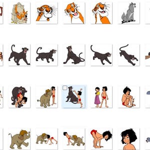 以下が含まれることがあります： ジャングルブックのキャラクターをフィーチャーしたカートゥーン画像のコレクション。画像には、モーグリ、バルー、バギーラ、シェール・カーン、カー、キング・ルイ、そして物語の他の動物が含まれています。画像はさまざまなポーズと表情で描かれています。