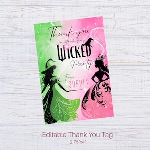 Wicked Geburtstag Thank youTag, bearbeitbarer Wicked Film Party Favor Tag, Elphaba Glinda Geburtstagskarte, Wicked Thank you zum Drucken oder Texten