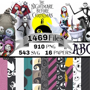 Könnte beinhalten: Eine digitale Sammlung mit Charakteren aus Nightmare Before Christmas, darunter Jack Skellington, Sally und Zero. Das Set enthält 1469 Dateien, 910 PNGs, 543 SVGs und 16 Papiere, präsentiert mit verschiedenen gemusterten Hintergründen in Schwarz, Weiß und Pink.