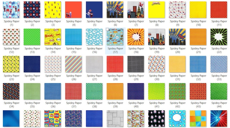 May include: A collection of 44 square papers with various designs, including comic book-style graphics, cityscapes, and patterns. The papers feature the text "Spidey Paper" and are suitable for crafts.