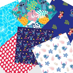 May include: A set of six different patterned fabric squares featuring Stitch and Lilo from the Disney movie Lilo & Stitch. The patterns include blue waves, red with white footprints, blue with yellow pineapples and Stitch, white with blue Stitch and pink flowers, and blue with Stitch and yellow pineapples.