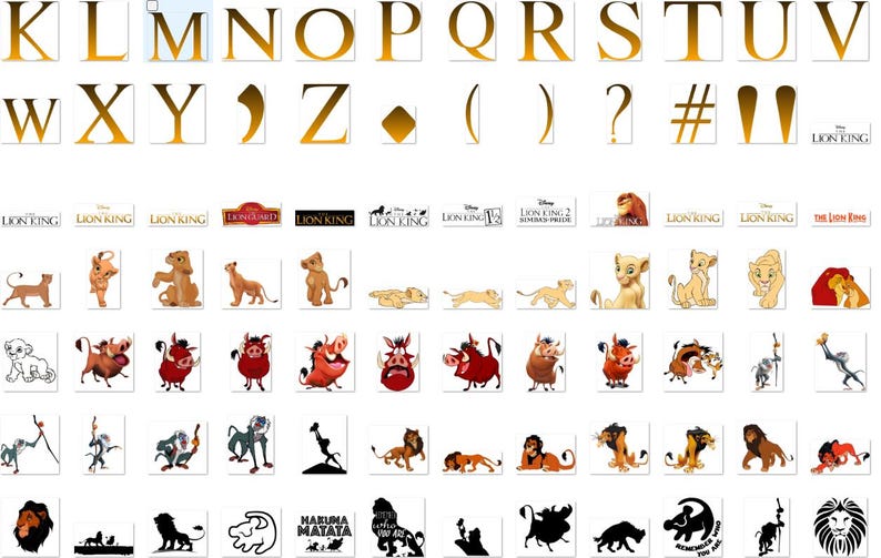 May include: A collection of images featuring the Lion King characters, including Simba, Mufasa, Scar, Pumbaa, and Timon. The images are in various styles, including cartoon, realistic, and silhouette. The images are arranged in a grid pattern. The text "The Lion King" is visible at the top of the image.