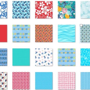 May include: A collection of 40 different digital paper patterns featuring tropical and floral designs in various colors, including blue, red, green, and white.