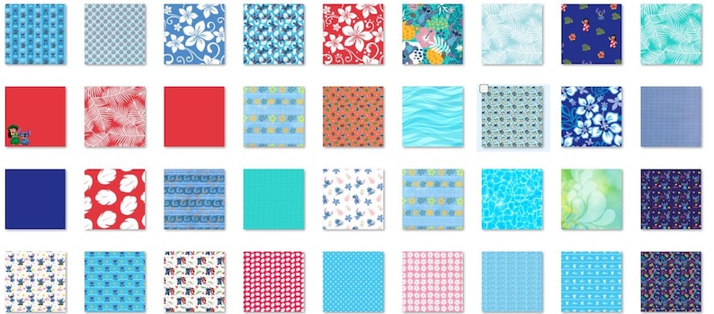 May include: A collection of 40 different digital paper patterns featuring tropical and floral designs in various colors, including blue, red, green, and white.