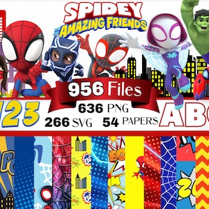Può includere: Pacchetto di design grafico digitale con personaggi di Spidey e i suoi fantastici amici. L'immagine include il testo "956 file", "636 PNG", "266 SVG" e "54 carte". Sono inclusi anche sfondi colorati e illustrazioni di supereroi.