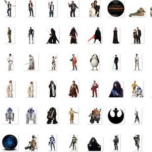 May include: A collage of Star Wars characters and objects, including Luke Skywalker, Darth Vader, Yoda, R2-D2, C-3PO, and the Millennium Falcon. The image is a collection of various characters and objects from the Star Wars franchise.
