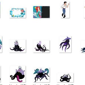May include: A collection of digital clipart images featuring characters from the Disney film The Little Mermaid. The images include Ariel, Prince Eric, Ursula, and King Triton. The images are in a cartoon style and are perfect for use in scrapbooking, card making, and other craft projects.