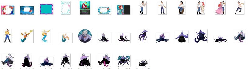 May include: A collection of digital clipart images featuring characters from the Disney film The Little Mermaid. The images include Ariel, Prince Eric, Ursula, and King Triton. The images are in a cartoon style and are perfect for use in scrapbooking, card making, and other craft projects.