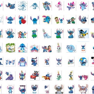 May include: A collection of 100 colorful Stitch cartoon character stickers. The stickers feature Stitch in various poses and settings, including with friends, on a surfboard, and with a guitar.