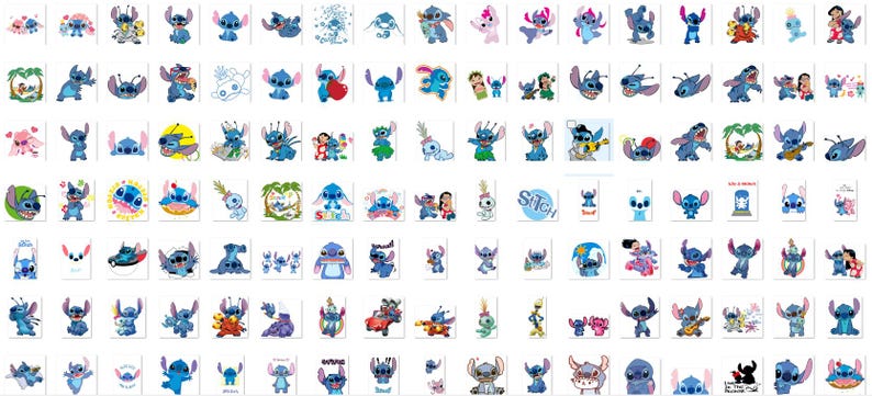 May include: A collection of 100 colorful Stitch cartoon character stickers. The stickers feature Stitch in various poses and settings, including with friends, on a surfboard, and with a guitar.