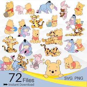 Pode incluir: Uma coleção de ilustrações digitais apresentando o Ursinho Pooh, Leitão, Tigrão e Ió em várias poses. O gráfico inclui 72 arquivos nos formatos SVG e PNG com o texto 72 Files Instant Download SVG PNG na parte inferior.
