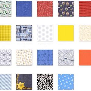 May include: A collection of twenty-eight square fabric swatches featuring various patterns including cartoon characters, geometric shapes, polka dots, stripes, animal prints, solid colors, and a yellow sheriff star on a dark blue background.