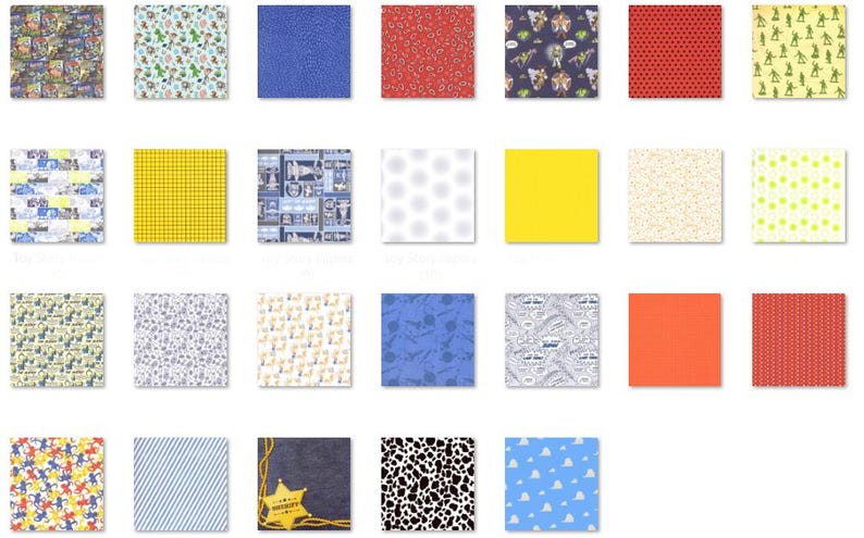May include: A collection of twenty-eight square fabric swatches featuring various patterns including cartoon characters, geometric shapes, polka dots, stripes, animal prints, solid colors, and a yellow sheriff star on a dark blue background.
